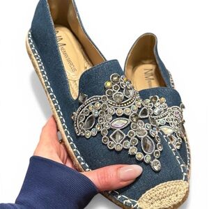 Neiman Marcus Blue Denim Espadrilles with Crystal Embellishment